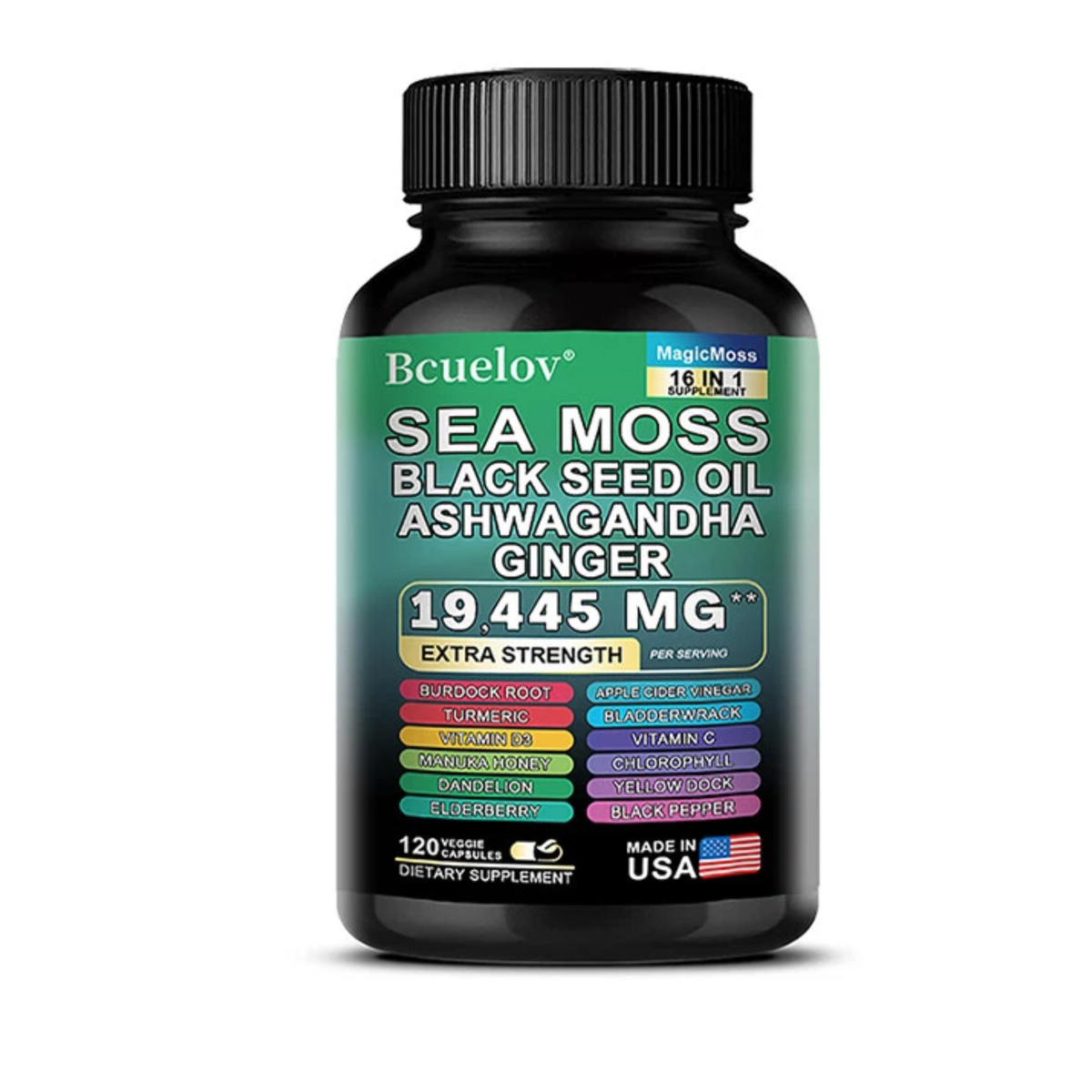 Bcuelov MagicMoss 16-in-1 Sea Moss Black Seed Oil Ashwagandha Ginger supplement bottle, 120 veggie capsules