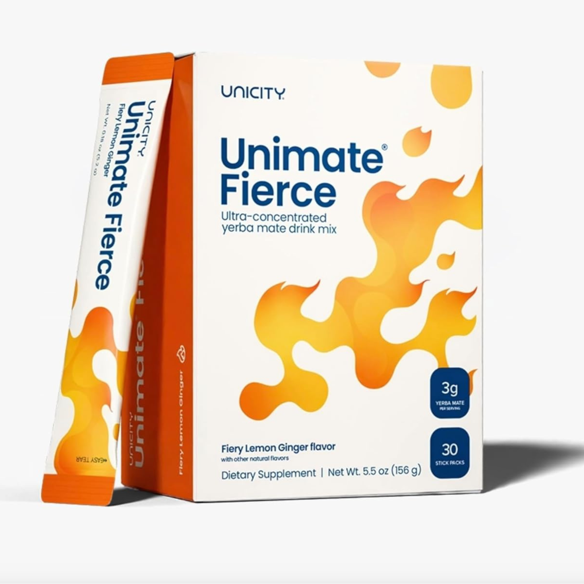 Unicity Unimate Fierce Fiery Lemon Ginger ultra-concentrated yerba mate drink mix box, 30 stick packs