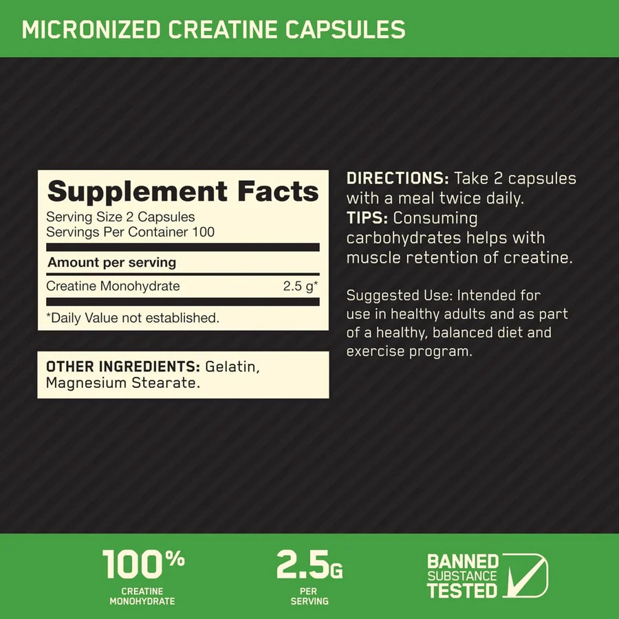 Optimum Nutrition Micronized Creatine Capsules | 100% Creatine Monohydrate | 200 Capsules