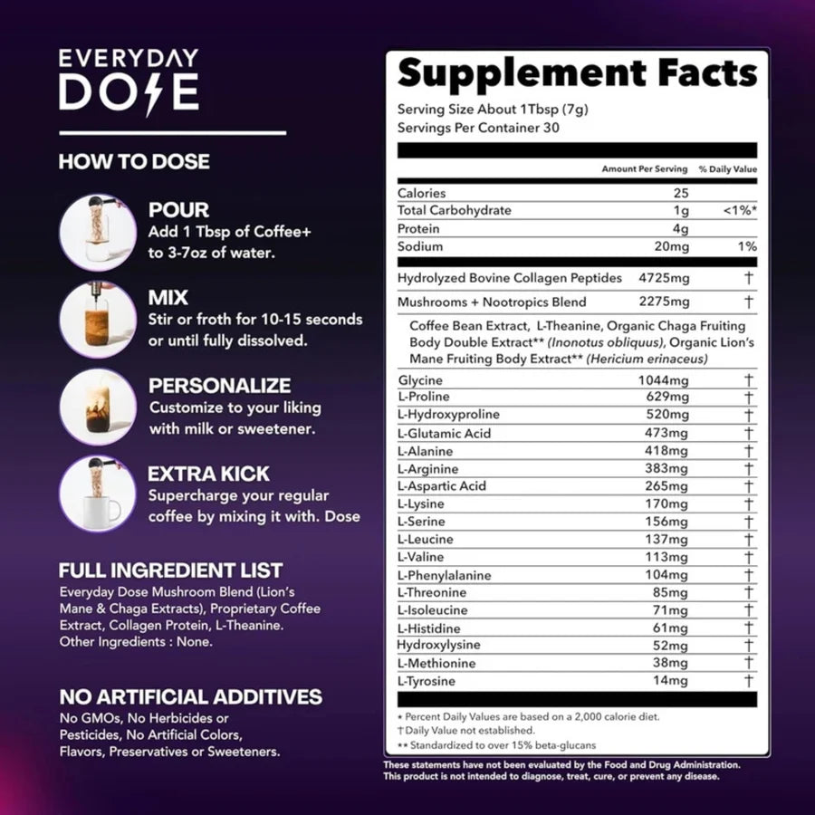 Everyday Dose Coffee+ Mushroom Coffee | Mushrooms + Collagen Protein + Nootropics | Boosts Energy, Elevates Mood, Gut Health, Enhances Focus | 30 Servings | 7.4 oz / 210g