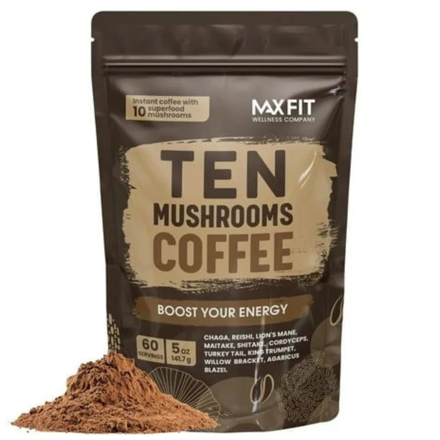 MaxFit Ten Mushrooms Coffee | Instant Coffee with 10 Superfood Mushrooms | Boost Your Energy | 60 Servings | 5 oz / 141.7g
